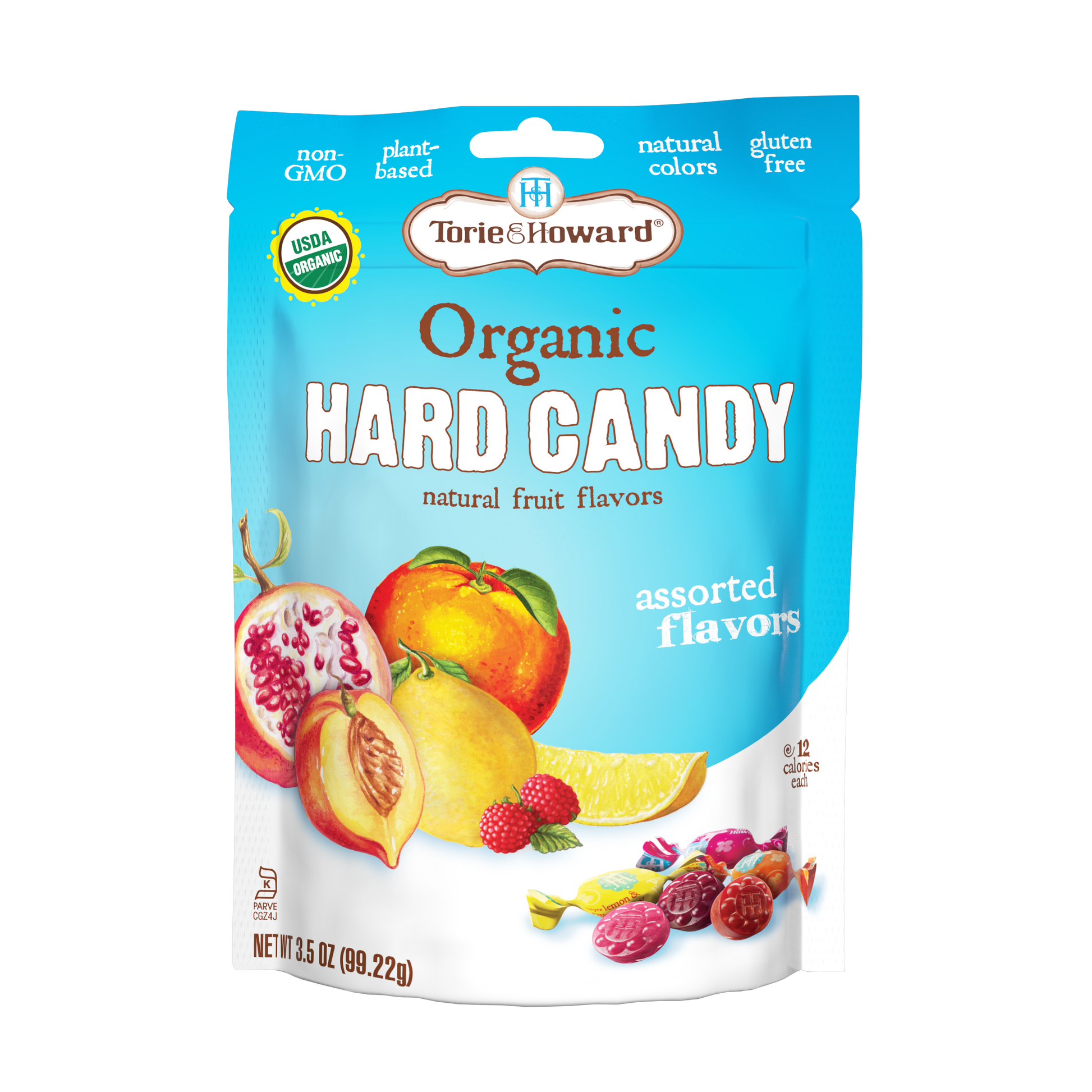 Torie & Howard Organic Hard Candy in Assorted Flavors, front of 3.5oz resealable bag