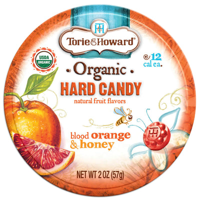 Front of Blood Orange and Honey Organic Hard Candy 2oz Tin