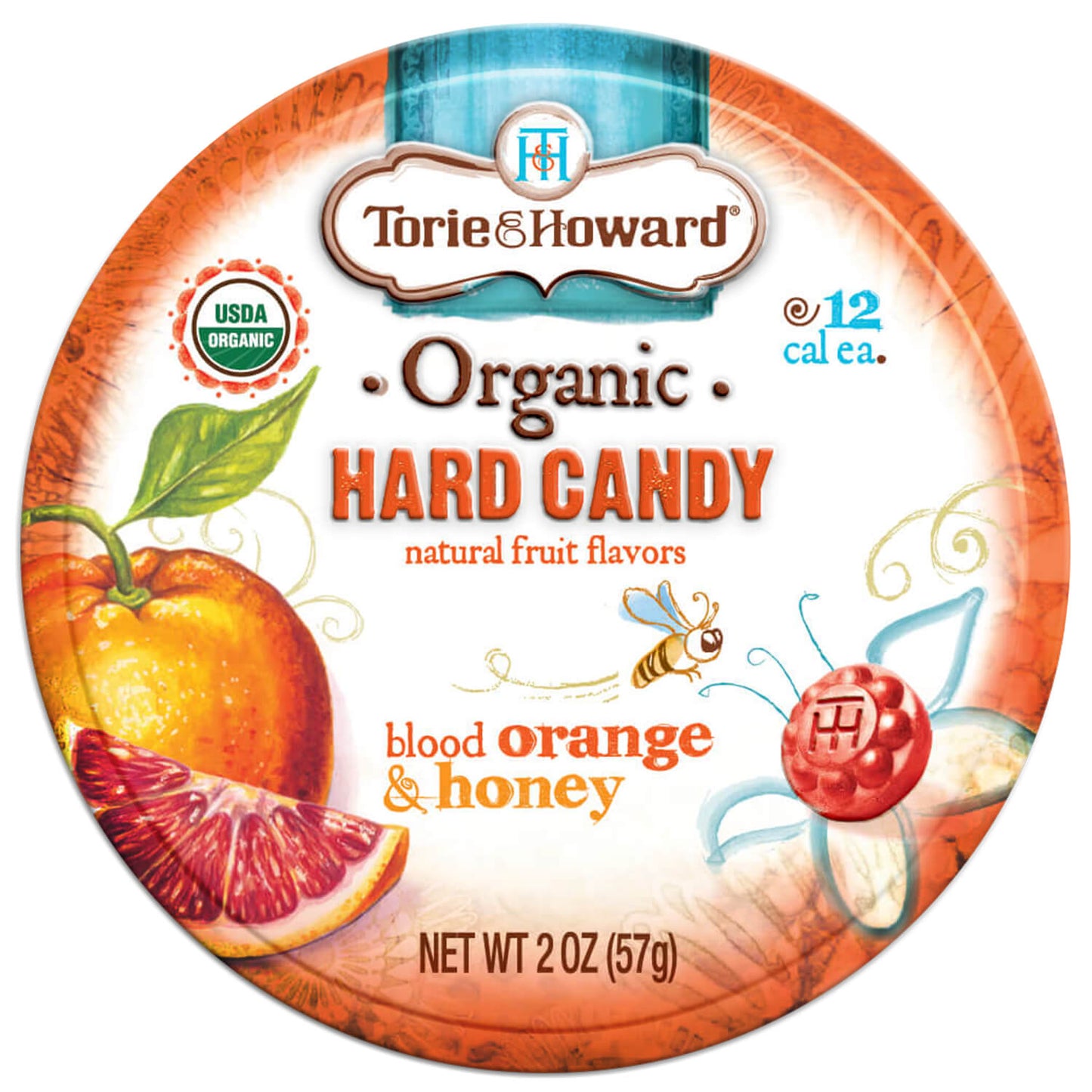 Front of Blood Orange & Honey Organic Hard Candy 2oz Tin