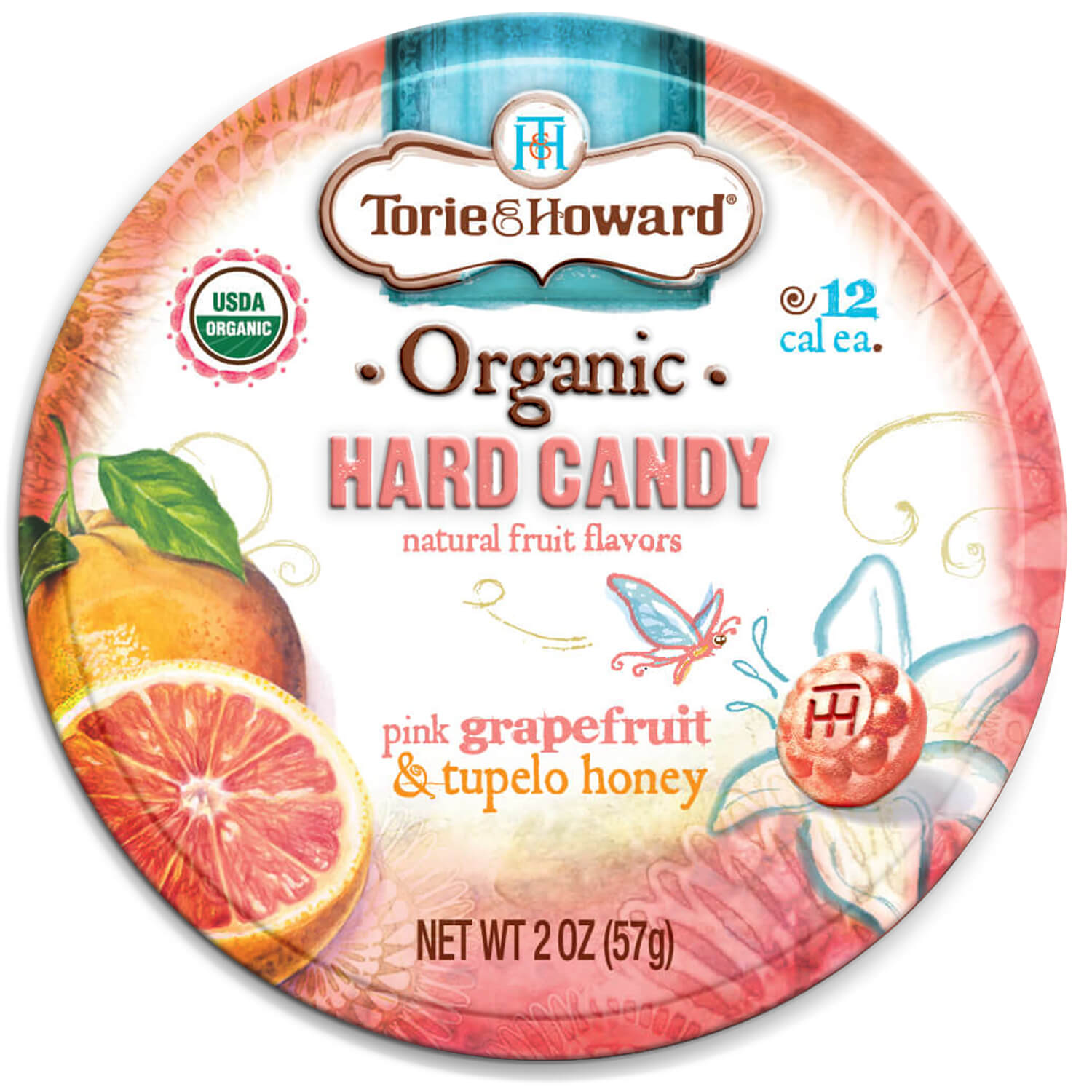 Front of Grapefruit & Honey Organic Candy 2oz Tin