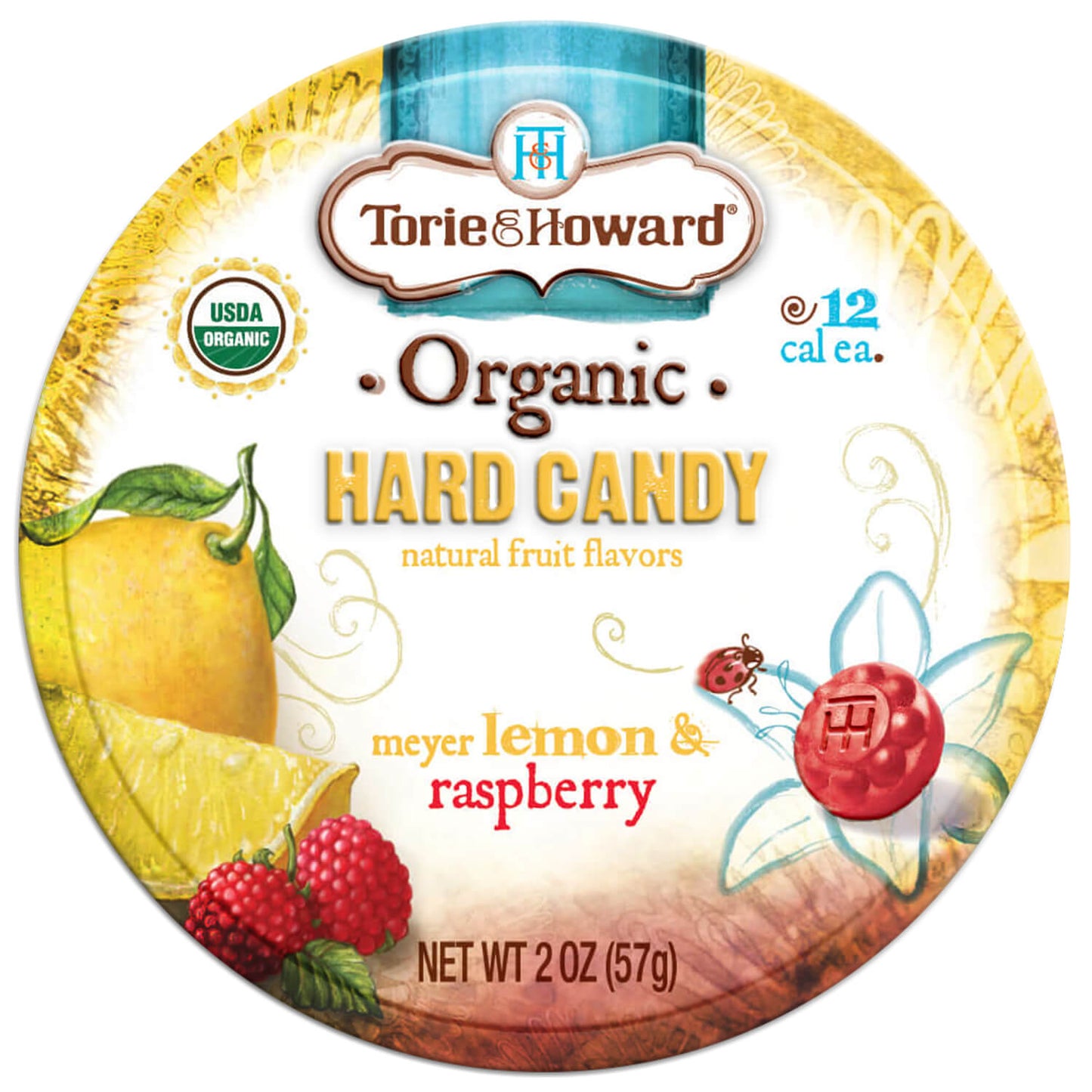Front of Lemon & Raspberry Organic Hard Candy 2oz Tin