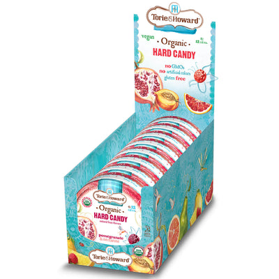 8 count caddy of Pomegranate & Nectarine Organic Hard Candy 2oz Tins