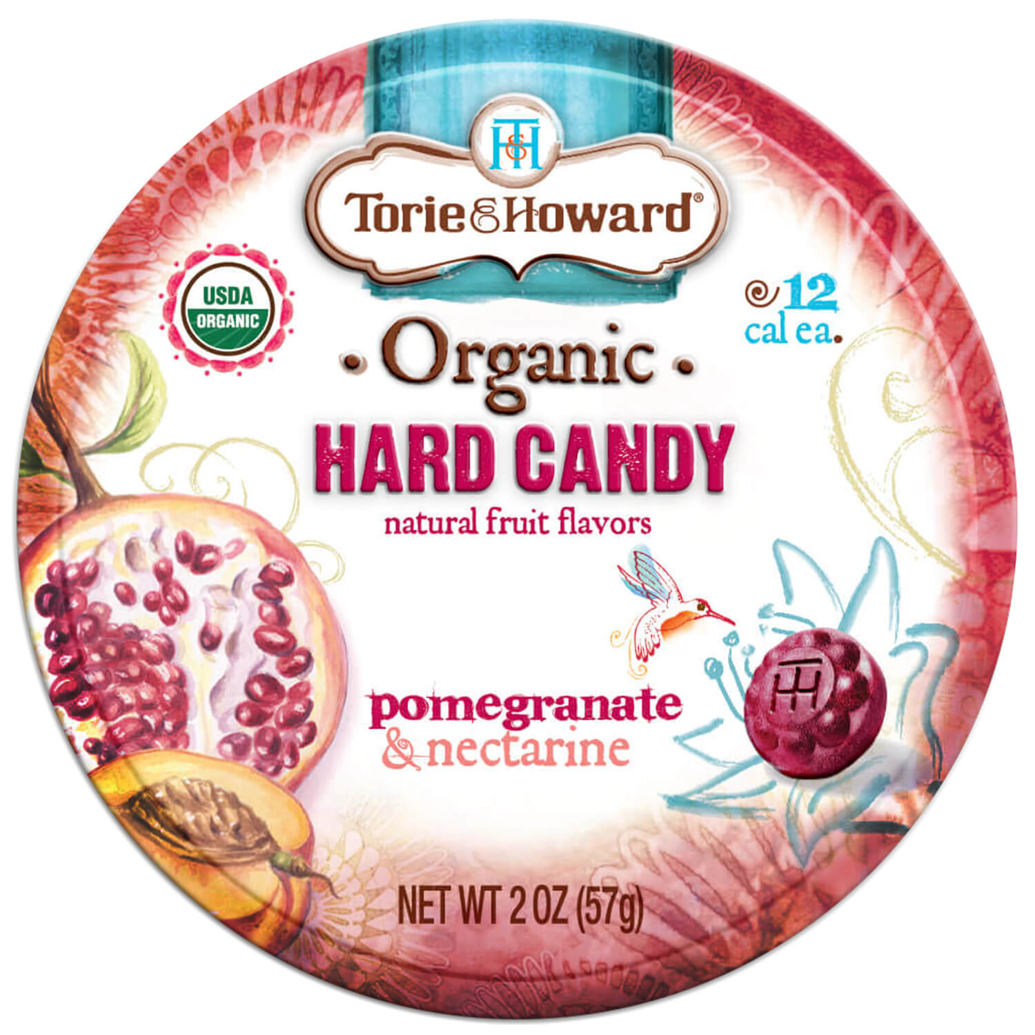 Front of Pomegranate & Nectarine Organic Hard Candy 2oz Tin