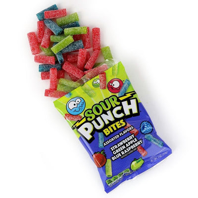 Strawberry, green apple, and blue raspberry bites falling out of Sour Punch Bites Assorted Flavors Bag