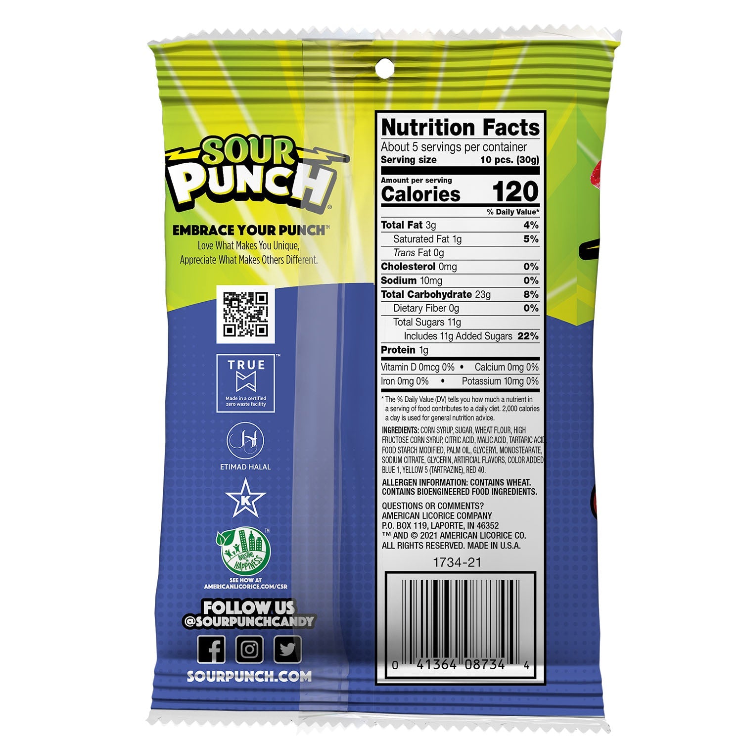 Back of Sour Punch Bites Assorted Flavors 5oz Hanging bag