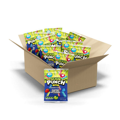 12 count bulk candy box of Sour Punch Bites Assorted Flavors 5oz Hanging bags