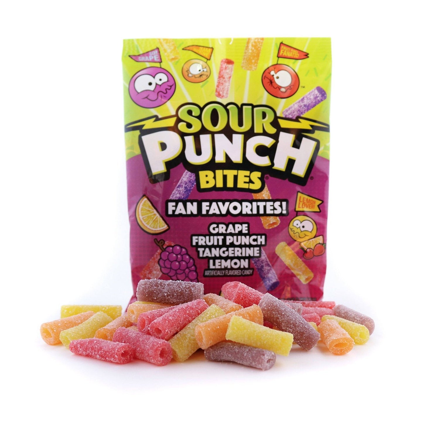 Grape, Fruit Punch, Tangerine, and Lemon bulk sour candy bites in front of Sour Punch Bites Fan Favorites 5oz bag