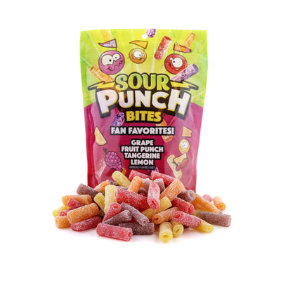 Grape, Fruit Punch, Tangerine, and Lemon bulk sour candy bites in front of Sour Punch Bites Fan Favorites 9oz bag