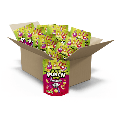 12 count bulk box of Sour Punch Bites Fan Favorites 9oz Stand up bags