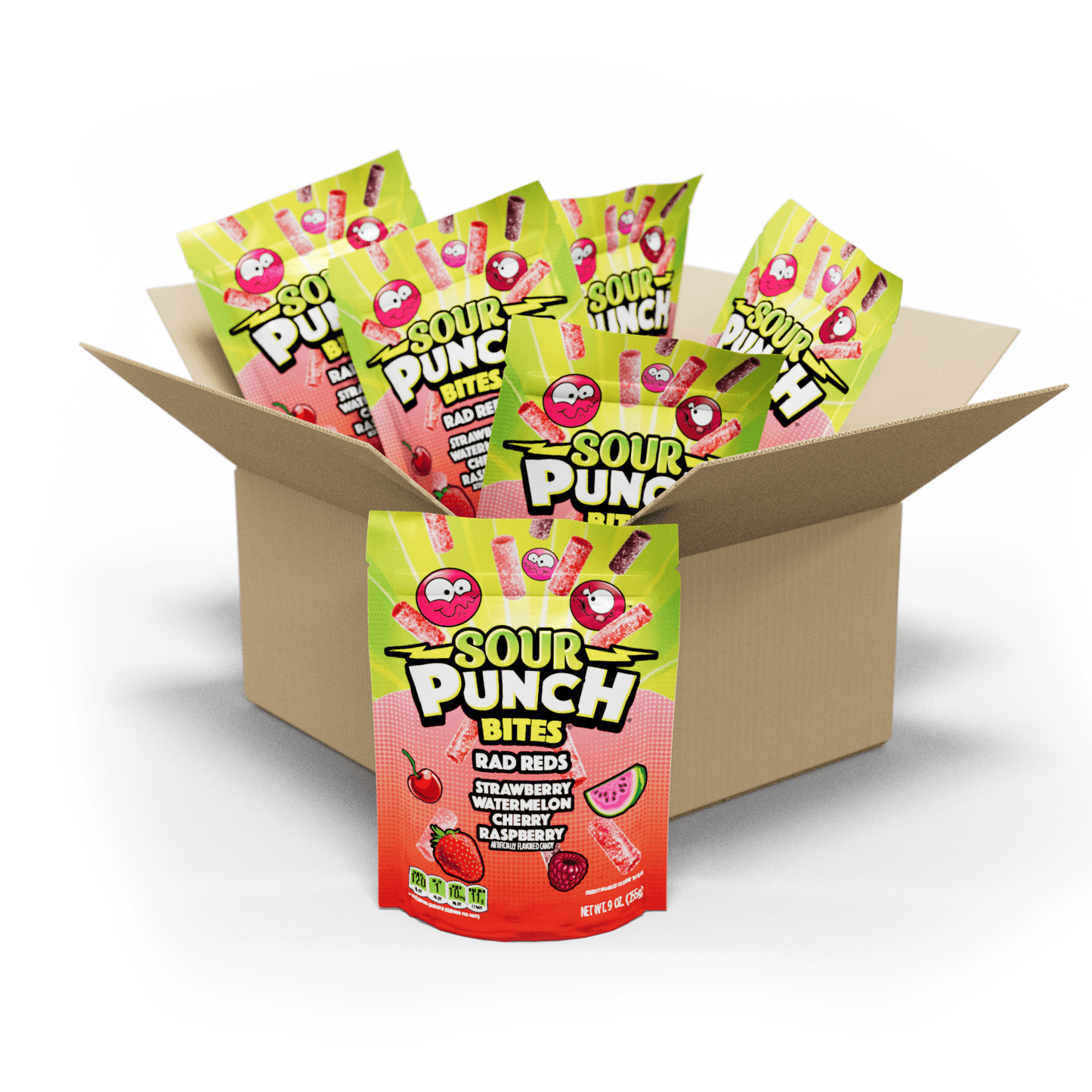 6 count bulk candy box of Sour Punch Bites Rad Reds 9oz Stand up bags