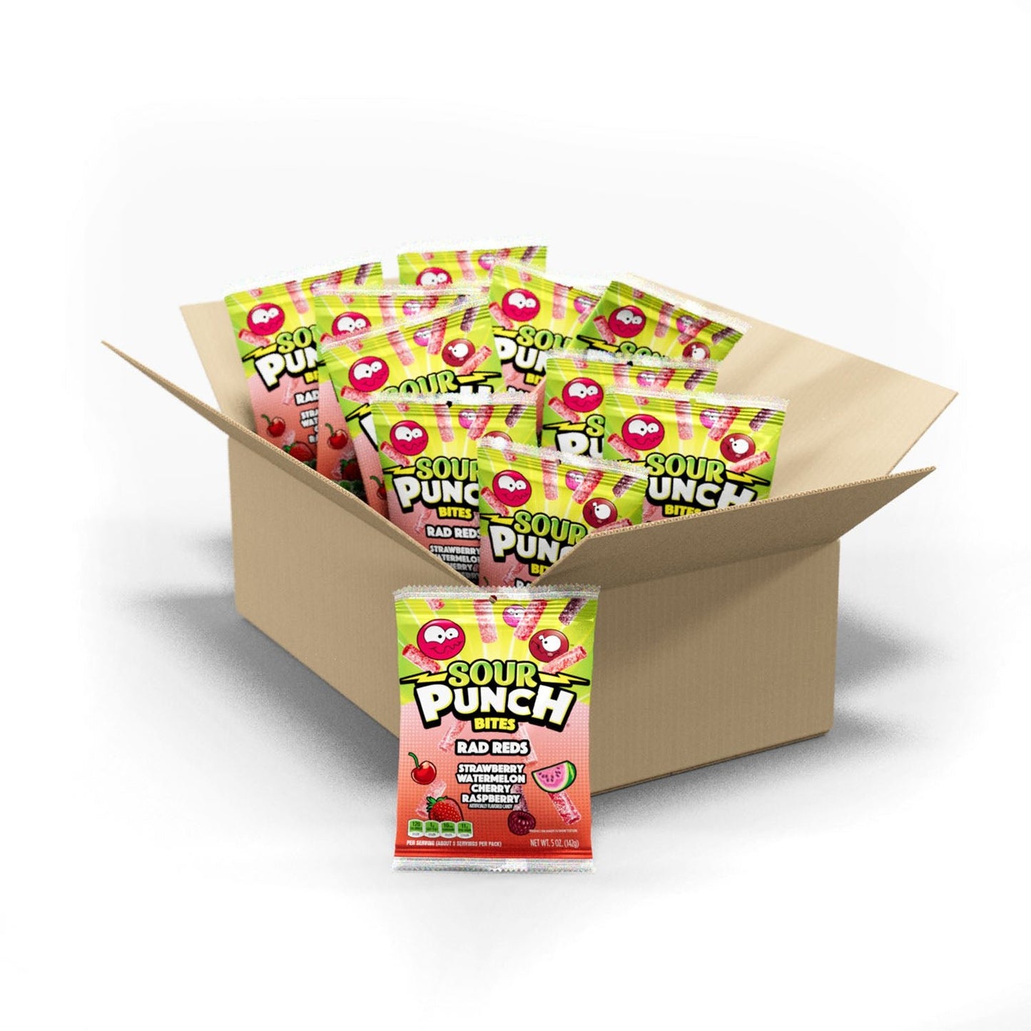 12 count bulk candy box of Sour Punch Rad Reds Bites 5oz Hanging Bags