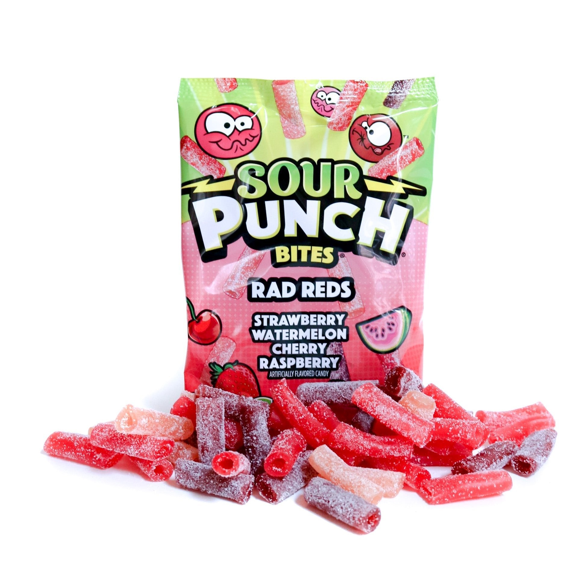 Strawberry, watermelon, cherry, and raspberry sour bites in front of Sour Punch Rad Reds hanging bag