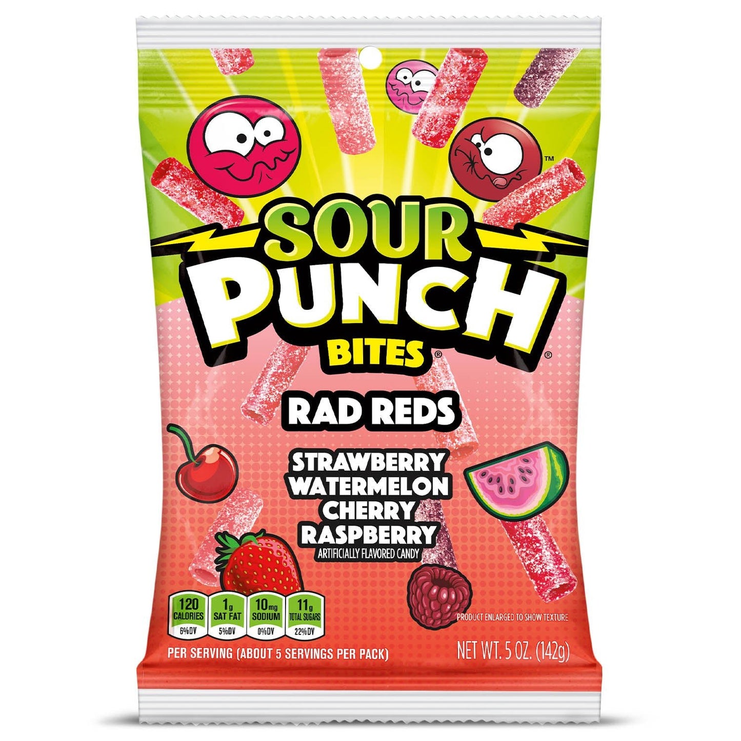 Front of Sour Punch Rad Reds Bites 5oz Hanging Bag