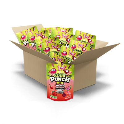 12 count bulk candy box of Sour Punch Bites Rad Reds 9oz Stand up bags