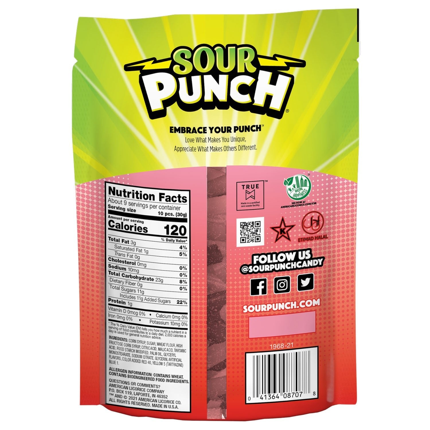 Back of Sour Punch Bites Rad Reds 9oz Stand up bag