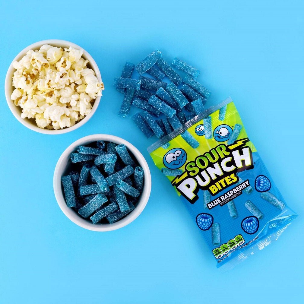 Sour Blue Raspberry bite sized candy being enjoyed with popcorn