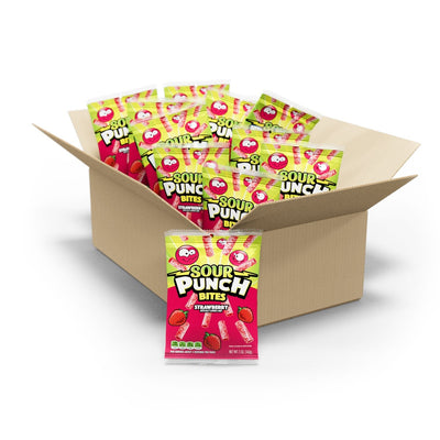 12 count bulk candy box of Sour Punch Bites Strawberry 5oz hanging bags