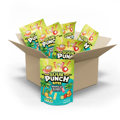 6 count bulk candy box of Sour Punch Bites Tropical Blends 9oz Stand up bags