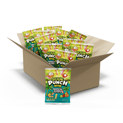 12 count bulk candy box of Sour Punch Bites Tropical Blends 5oz hanging bags