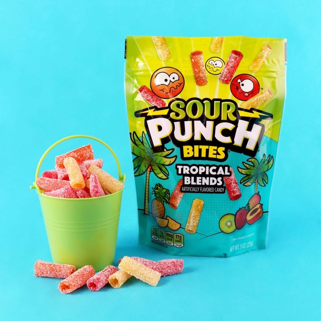SOUR PUNCH Tropical flavored bite size candy in a beach sand bucket