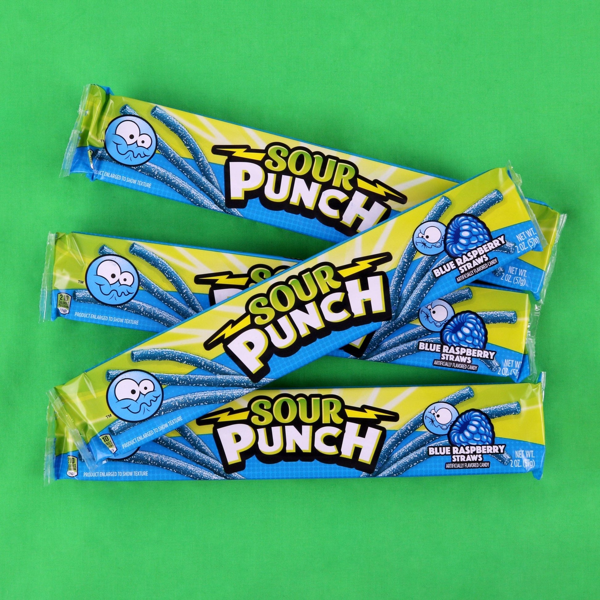 Pile of 2oz SOUR PUNCH Blue Raspberry Straws Trays