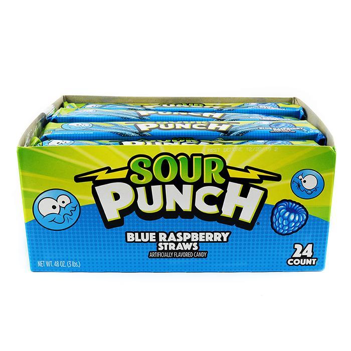 Front of 24 count caddy of bulk SOUR PUNCH Blue Raspberry Straws 2oz Trays