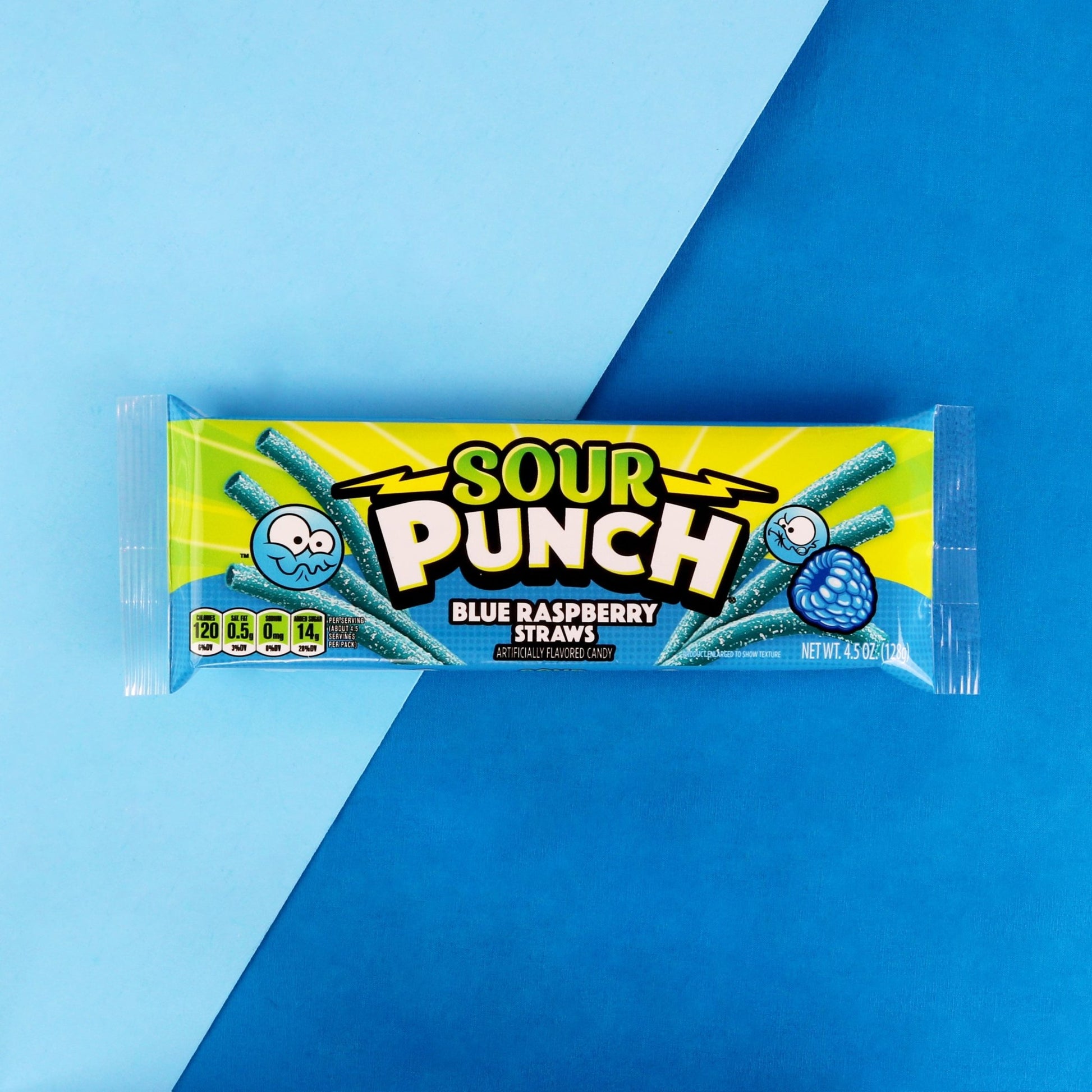 4.5oz SOUR PUNCH Blue Raspberry Straws Tray with blue background