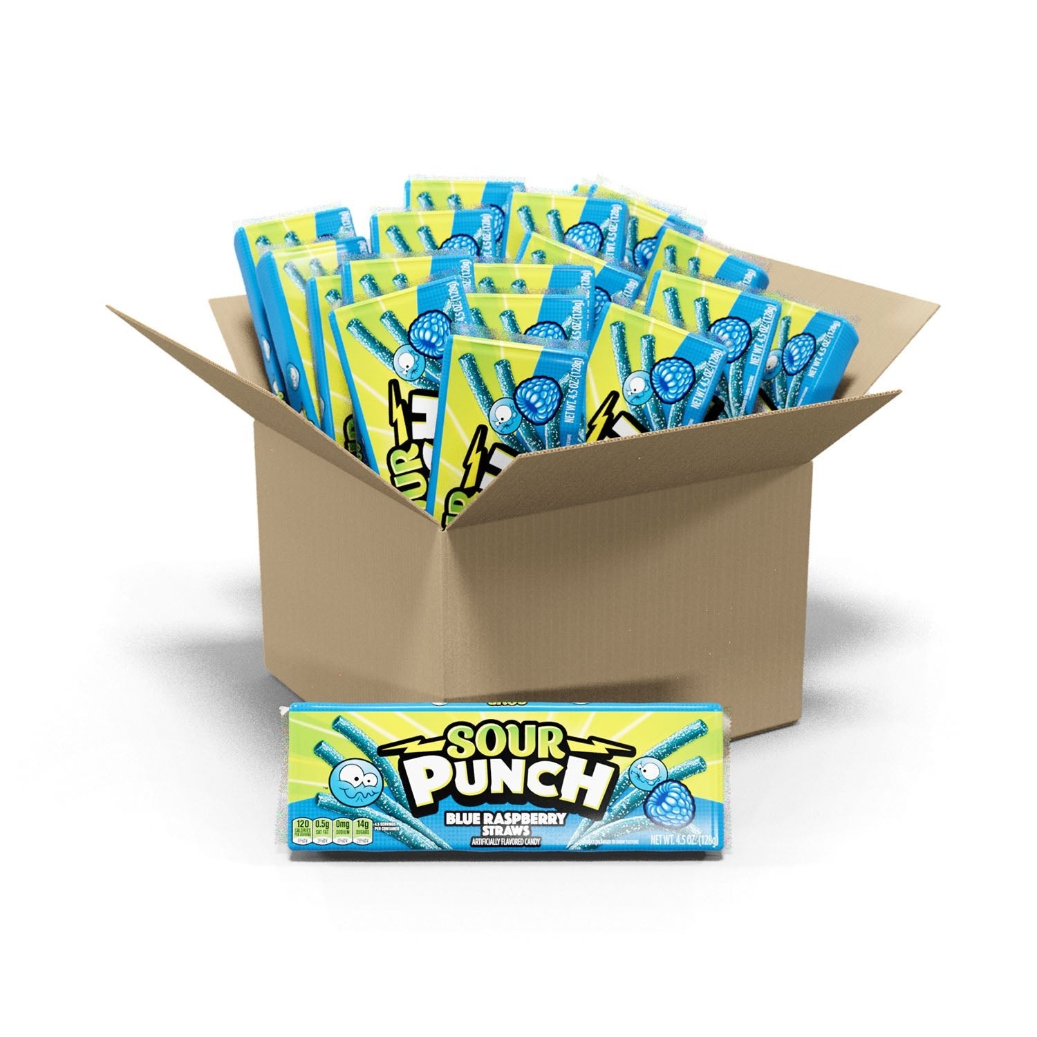 24 count bulk candy box of Sour Punch Blue Raspberry Straws 4.5oz Movie Trays
