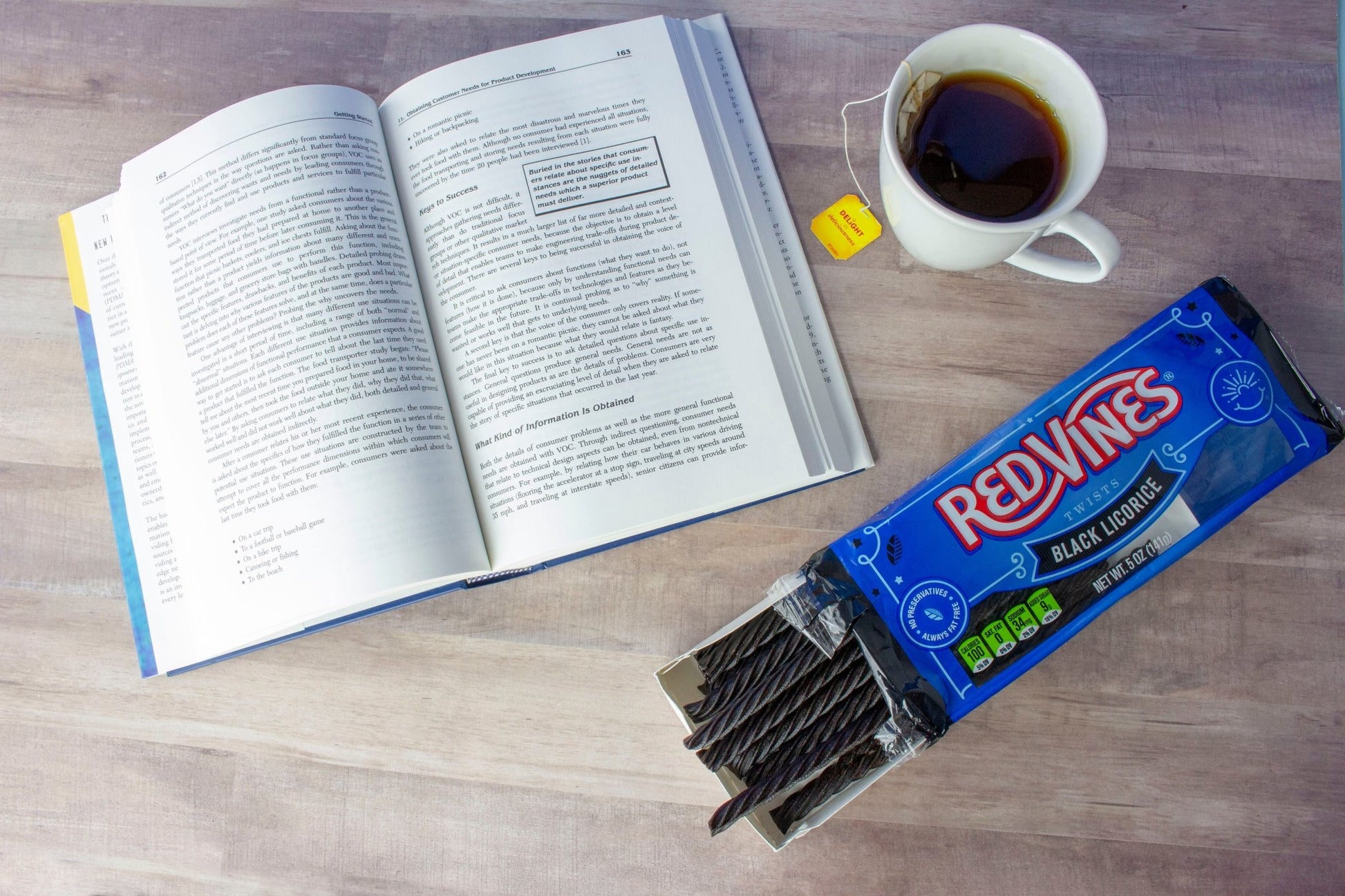 Enjoying a tray of Red Vines Black Licorice with tea and a good book
