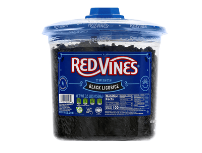 Front of Red Vines Black Licorice Twists 3.5lb Jar