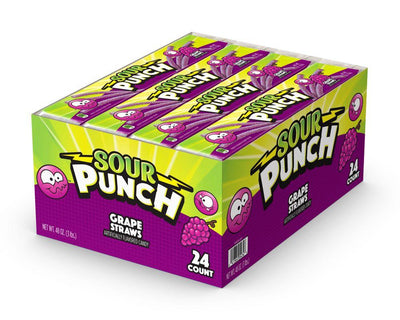 24 count caddy of bulk SOUR PUNCH Grape Straws 2oz Trays