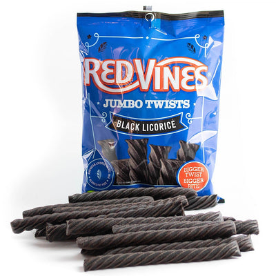 8oz Hanging Bag of Red Vines Jumbo Black Licorice Twists with candy laying in front