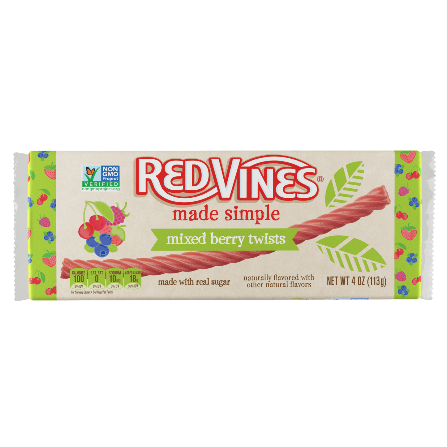 Front of Red Vines Made Simple Berry Licorice Twists 4oz Tray