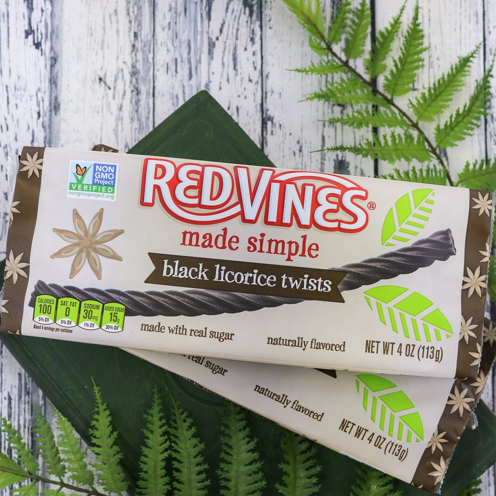 Red Vines Made Simple Black Licorice Twists Trays with a natural background