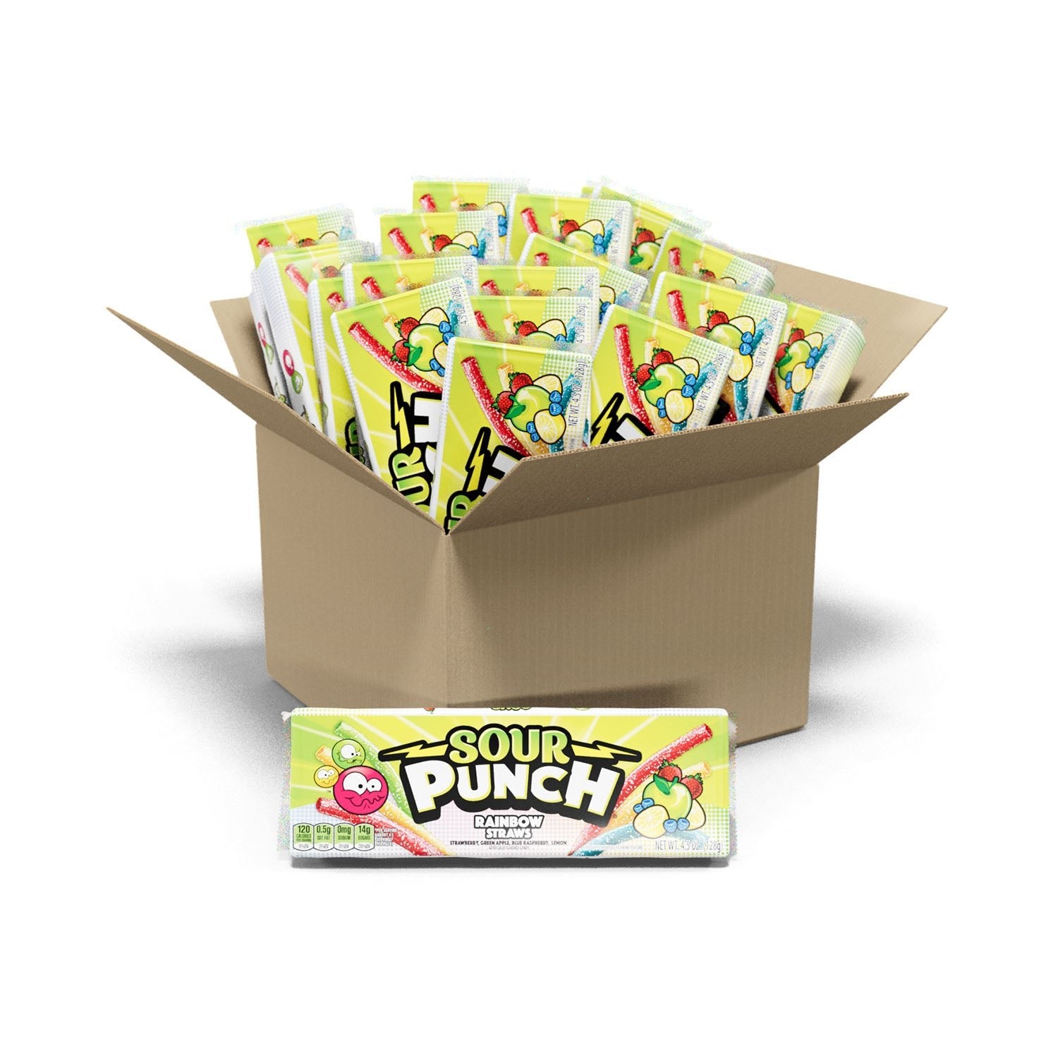 24 count bulk candy box of Sour Punch Rainbow Straws 4.5oz Movie Trays