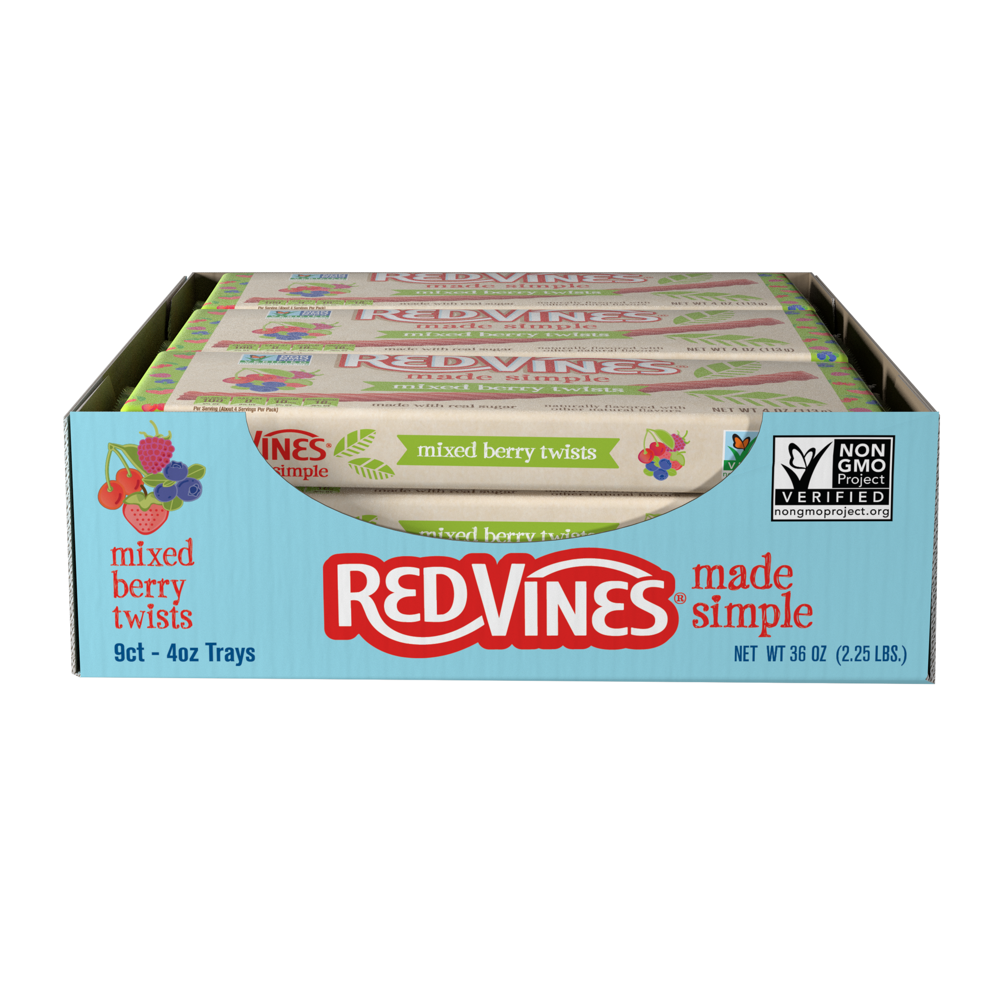 Display caddy of 9 RED VINES Made Simple Berry Licorice Twists, 4oz Trays