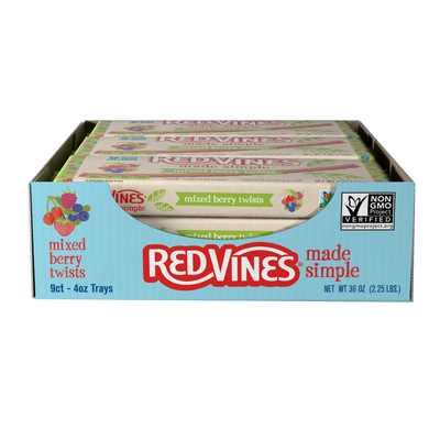 Display caddy of 9 RED VINES Made Simple Berry Licorice Twists, 4oz Trays