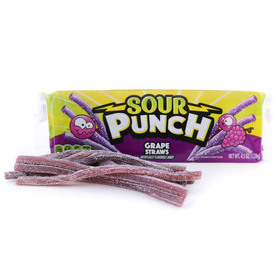 Sour grape candy straws in front of Sour Punch 4.5oz Movie Tray