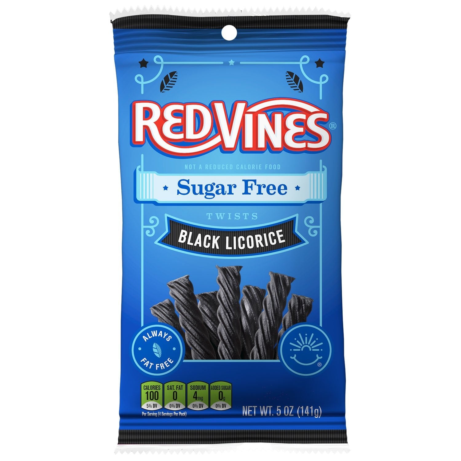 Front of Red Vines Sugar Free Black Licorice Twists 5oz Hanging Bag