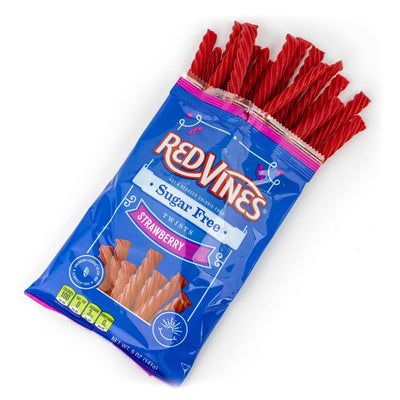 Red Vines Sugar Free Strawberry 5oz Hanging Bag with licorice candy coming out