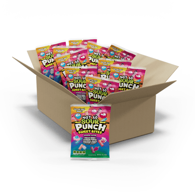 12 count bulk candy box of Not So SOUR PUNCH Sweet Bites candy in 5oz hanging bags