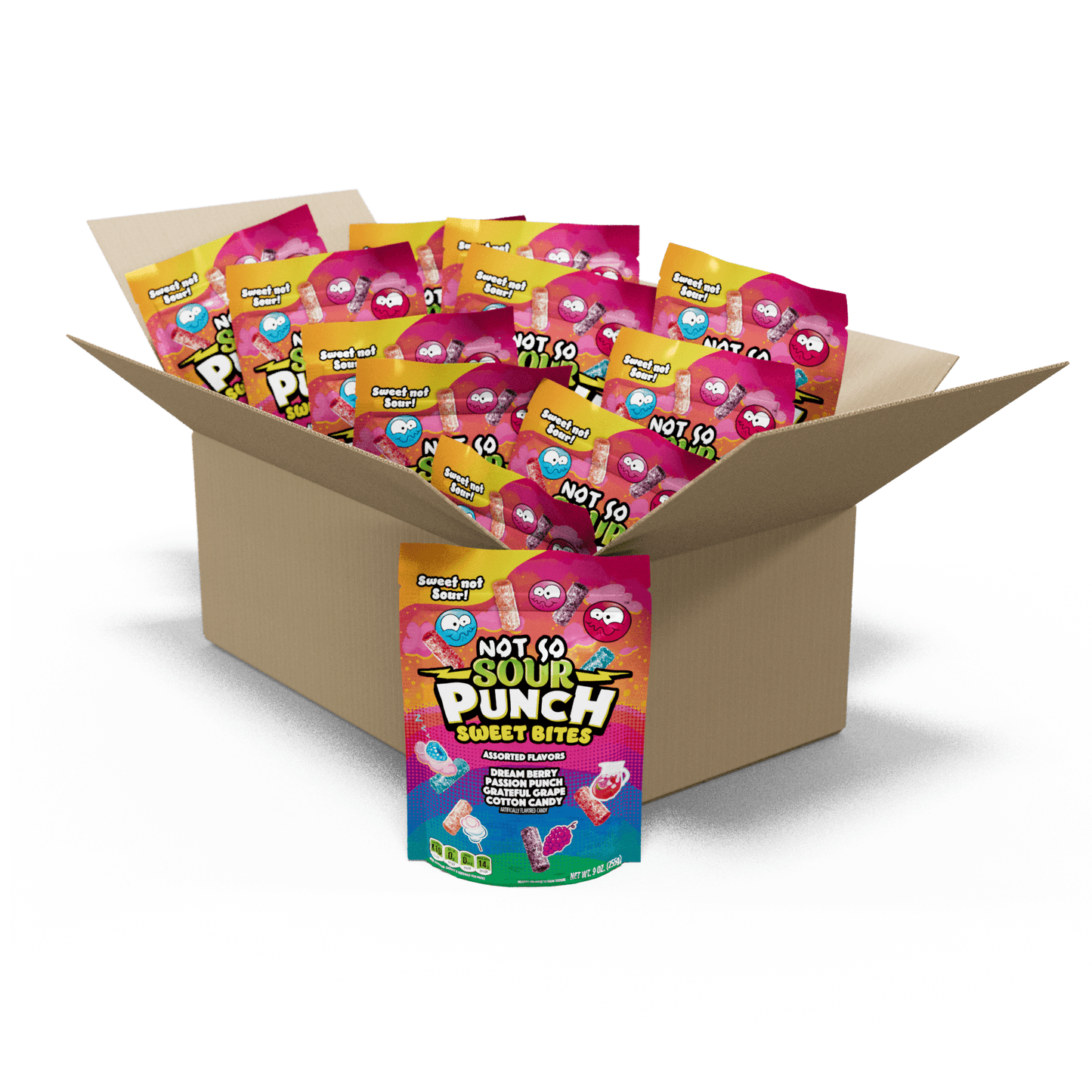 12 count bulk candy box of Not So SOUR PUNCH Sweet Bites 9oz bags