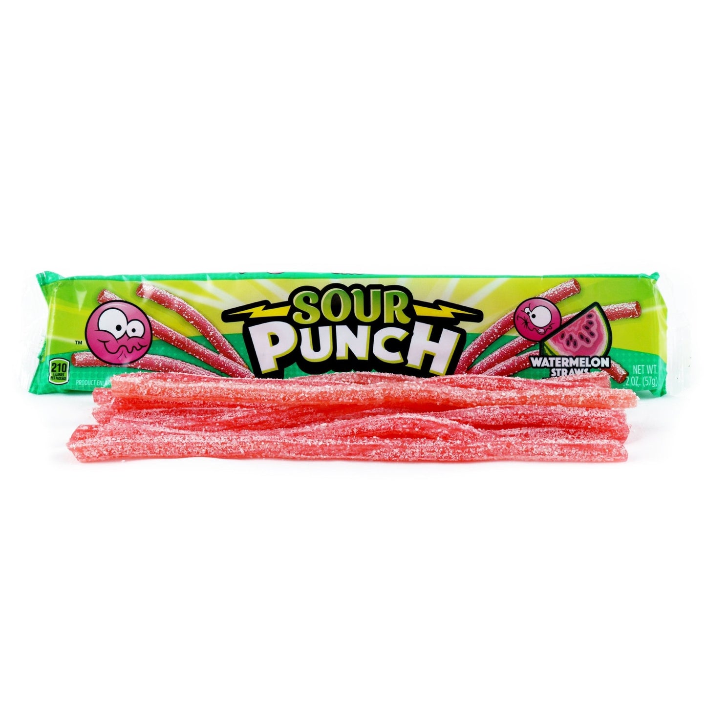 Bulk Sour Candy Watermelon Straws in a pile in front of SOUR PUNCH 2oz Movie Tray